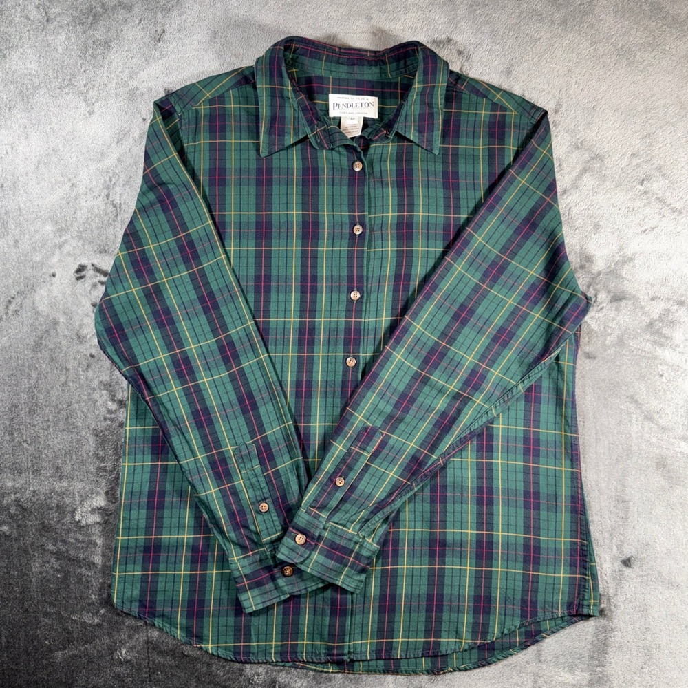 Pendleton Womens Green Plaid Cotton Button Down Shirt Size 12 Long Sleeve Twill